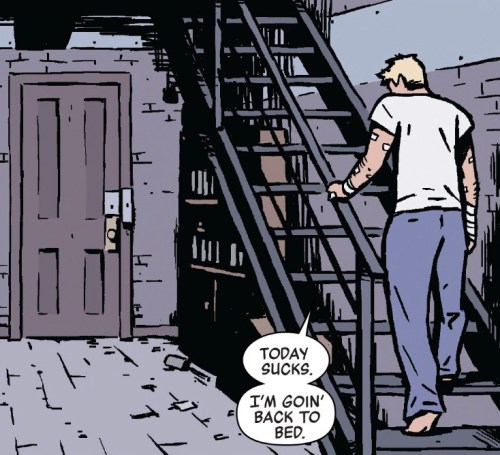 Hawkeye walking up staircase saying today sucks i am going back to bed